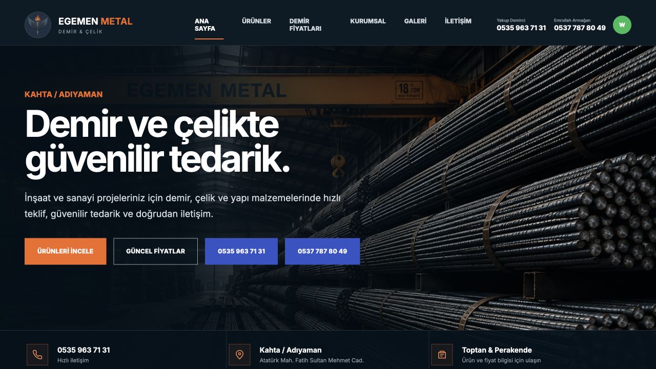Egemen Metal için geliştirdiğim web sitesinin ana sayfası